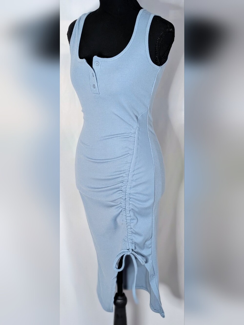 CIDER Blue Ribbed Ruched Midi Dress Side Drawstring Slit Size Small - Picture 3 of 9